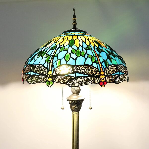 Tokira Tiffany Lampadaire Libellule Vert, E27 Lampadaire Tiffany Style Européen Adapté au Salon Chambre, Ancien Fait Main Verre Multicolore Abat-jour[Sans Ampoule]