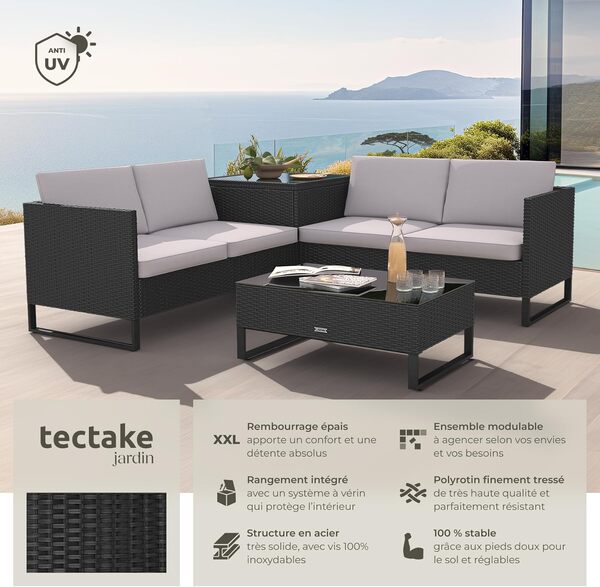 TecTake® Ensemble Salon de Jardin Exterieur Modulable Canapé de Jardin en Poly Rotin 4 Personnes, Table de Jardin & Coffre de Rangement Inclus, Mobilier de Jardin pour Amenagement Balcon