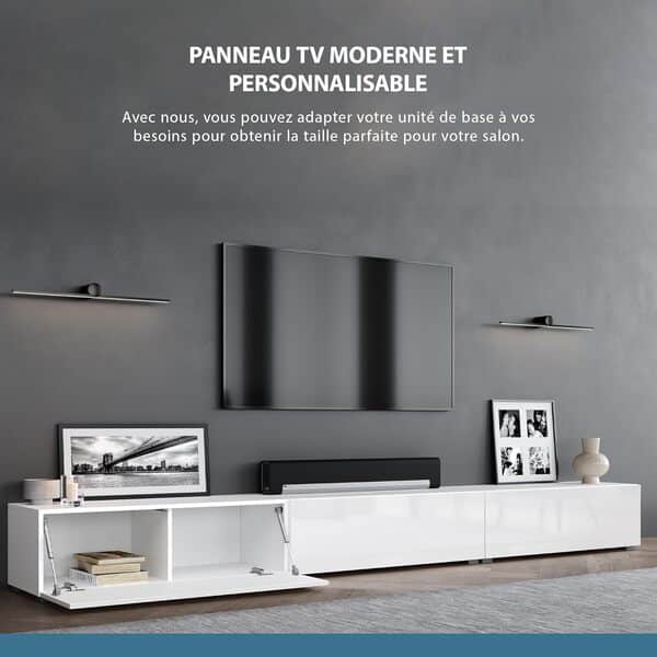 Planetmöbel - Meuble TV - 300 cm - Blanc Meuble TV avec 3 rabats comme espace de rangement, meuble bas suspendu ou debout, buffet salon