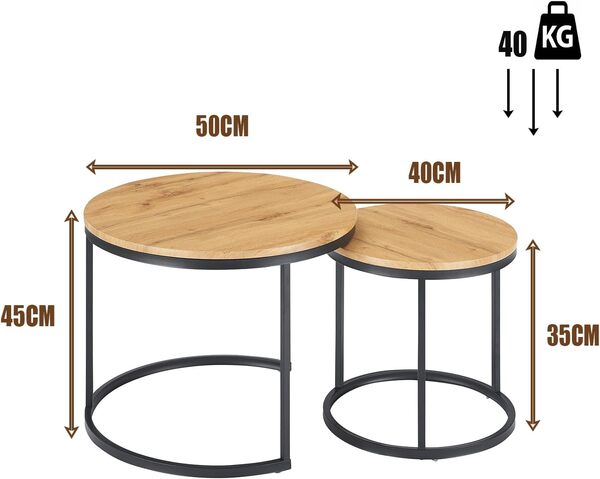 Ginhow Lot de 2 tables basses rondes en bois de chêne, petite table de salon Ø 40 cm et grande table basse Ø 50 cm, pour salon, chambre à coucher, café