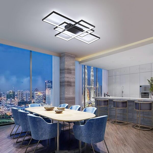 Plafonnier LED, Luminaire Salon, dimmable avec télécommande 3000K-6000K, nouveau design irrégulier lampe rectangulaire en métal acrylique cuisine lampes de décoration de chambre,Noir,90*50CM/80W [Classe énergétique D]