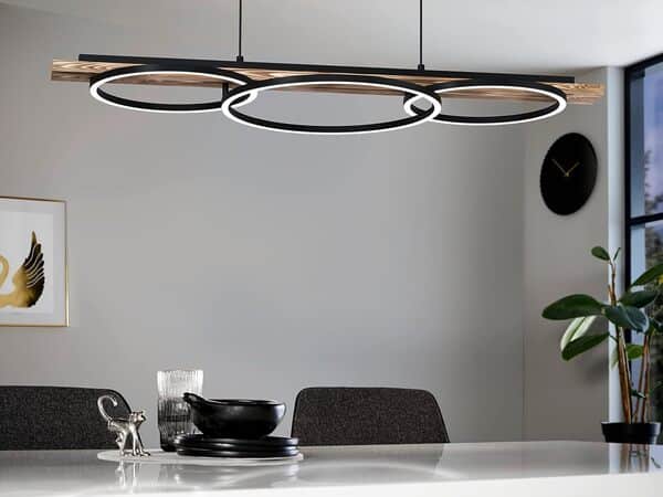 Eglo Suspension luminaire LED Boyal, lustre chambre à 3 flammes, plafonnier dimmable en métal noir, bois flambé et plastique pour salon ou salle à manger, douille E27