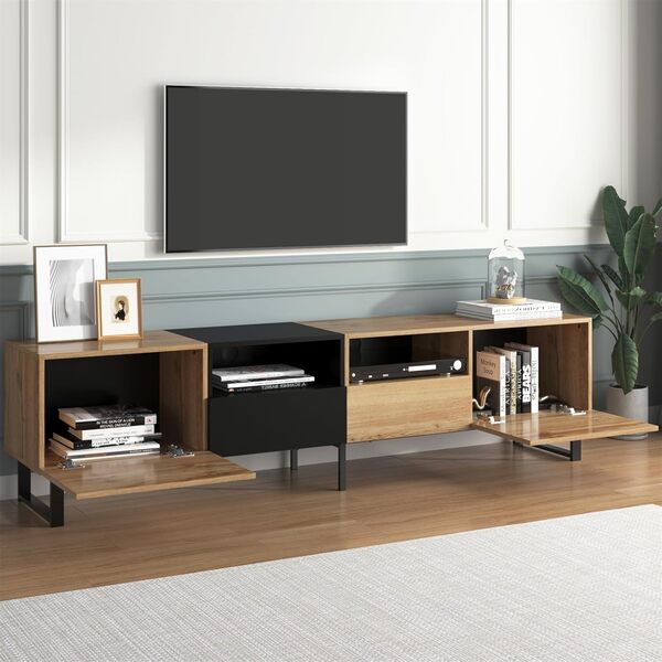 Meuble TV moderne en bois massif avec design noir et bois, meuble TV avec 2 portes et 2 tiroirs, meuble TV pour salon et chambre à coucher