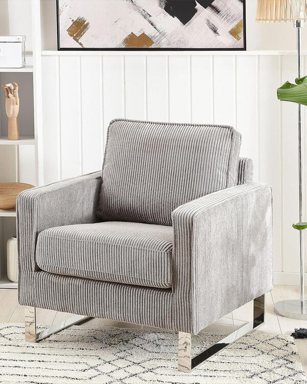 Fauteuil Tapissé en Velours Côtelé Gris avec Piétement Argent Chromé Design Meuble Idéal pour Salon au Style Rétro et Traditionnel Beliani