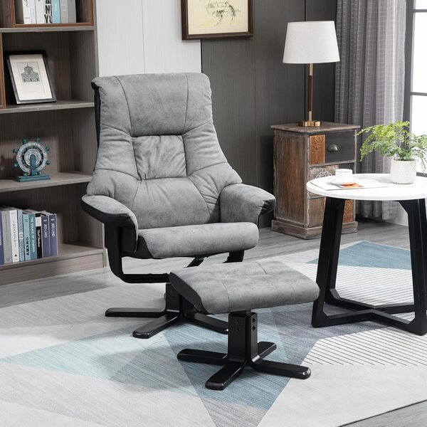 HOMCOM Fauteuil Relax Fauteuil de Relaxation inclinable 135° avec Repose-Pieds pivotant 360° revêtement Microfibre Pieds en Bois Massif Assise épais rembourrée Gris