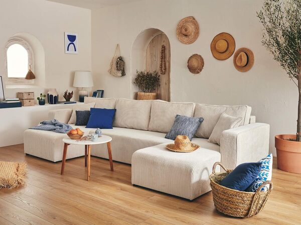 Best Mobilier - Canapé Panoramique en U Convertible avec Coffre Topaze en Velours Côtelé - Canapé Lit - Grand Sofa XXL Beige 7 Places - Salon