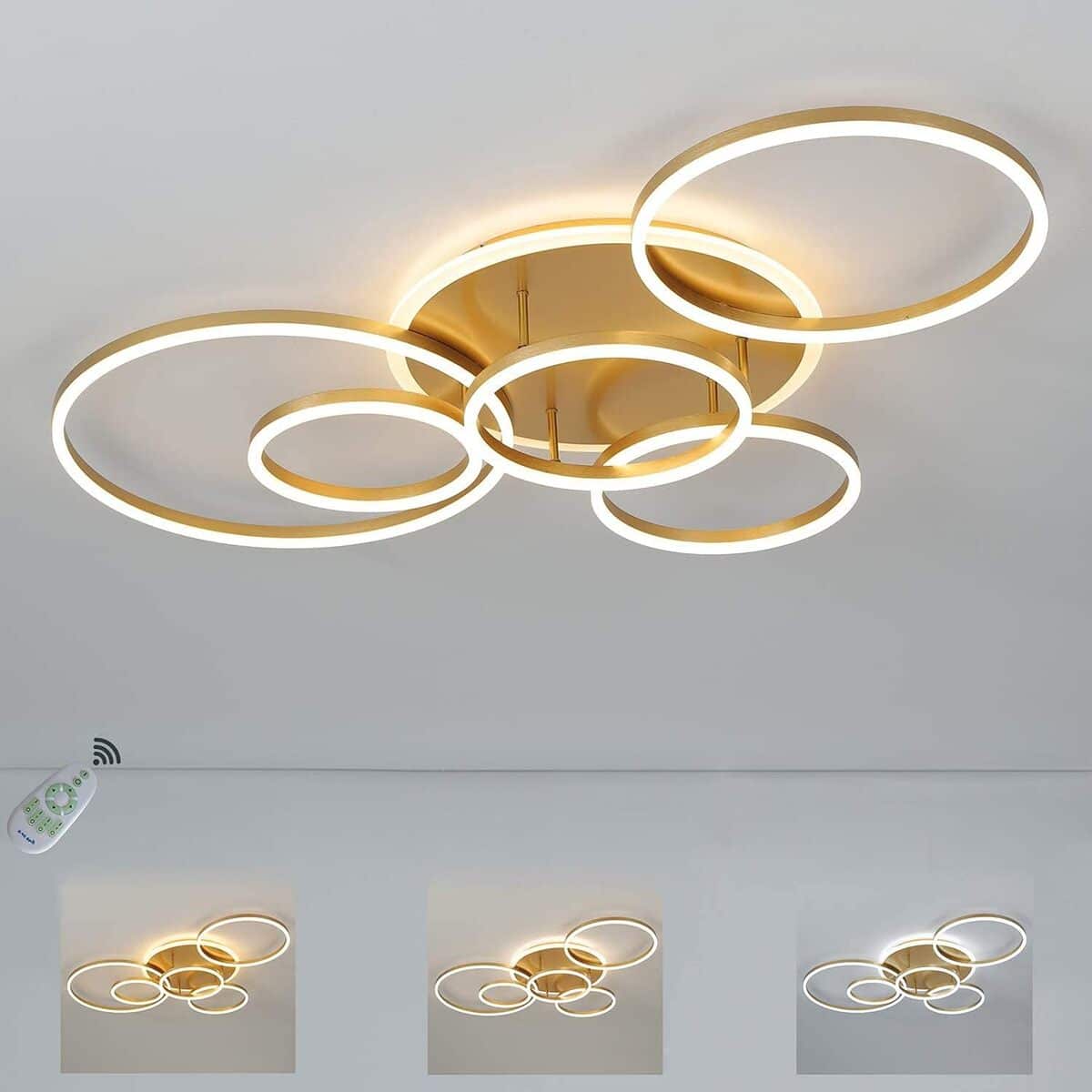 Test : plafonnier LED dimmable doré 6 anneaux avec télécommande