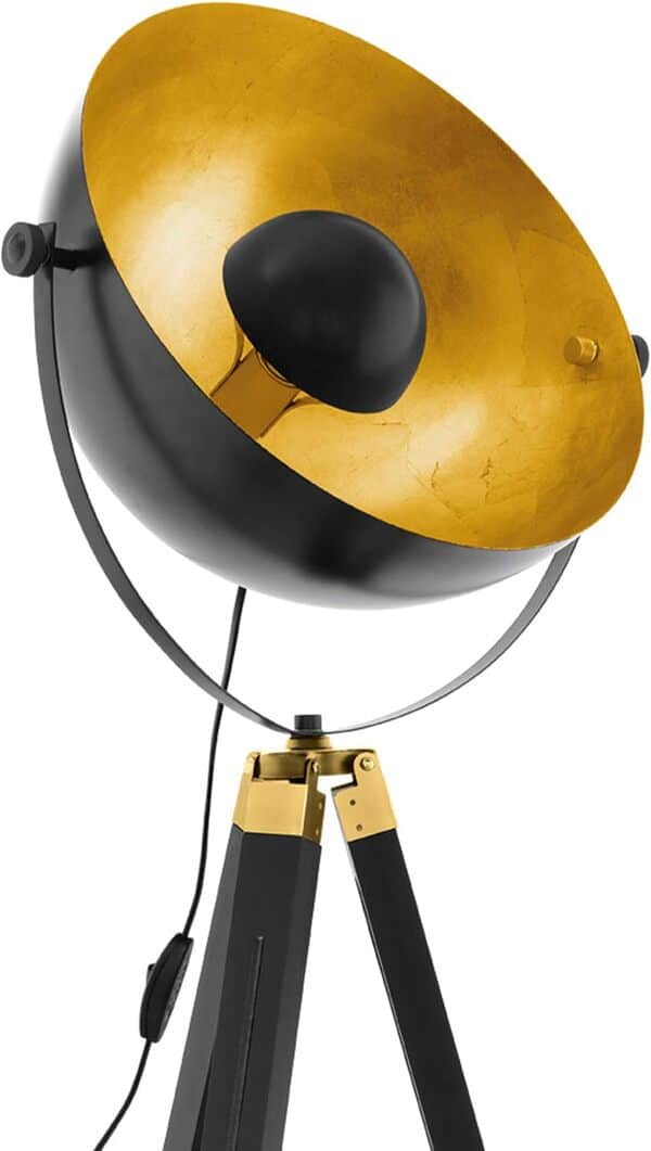 Eglo lampadaire COVALEDA, lampe de sol à flamme industriel, vintage, lampe sur pied en bois et acier, lampe de salon en noir, or et laiton, lampe avec interrupteur, douille E27