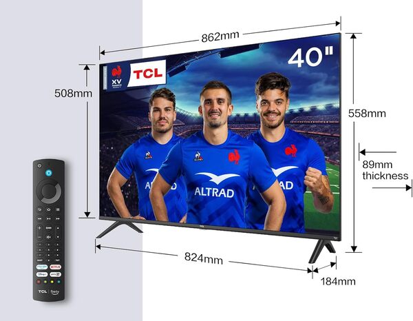 TCL 40SF540 - Téléviseur Intelligent FHD 40 Pouces - HDR & HLG-Dolby Audio-DTS Virtual X/DTS-HD-Metal Bezel-Less-Dual-Band WiFi 5-avec système Fire OS 7 [Classe énergétique F]