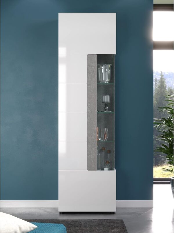 trendteam Smart Living - vitrine sur Pied - Salon - Tokyo - Dimensions de la Construction (LxHxP) 57 x 200 x 37 cm - Couleur Blanc Brillant avec Pierre à béton - 185713135