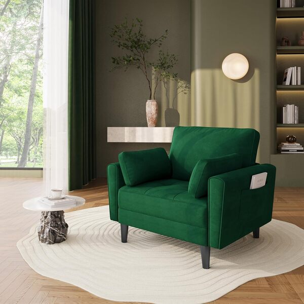Yaheetech Fauteuil de Salon Moderne avec Accoudoir et Poches Fauteuil Relax avec Coussins Pied Bois Fauteuil Chambre en Velours pour Salon Vert