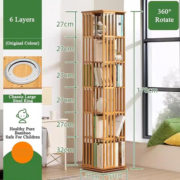 YMAOMAO Bibliothèque Rotative à 360 °, étagère à Livres Rotative à 360°, Bibliothèque D'étudiant en Bambou à 5/6 Niveaux – Bibliothèque d'angle Haute, Organisateur De Rangement,WoodColor-6Tier