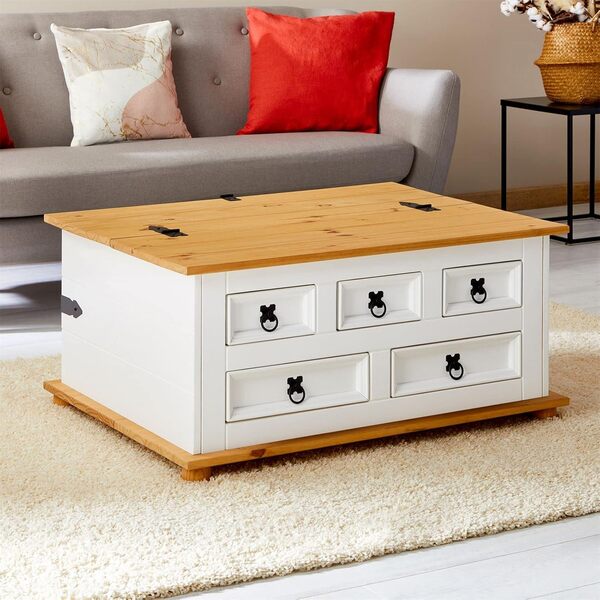 IDIMEX Table Basse de Salon Tequila Coffre Malle de Rangement rectangulaire en Bois Style Mexicain avec 5 tiroirs, en pin Massif lasuré Blanc et Brun