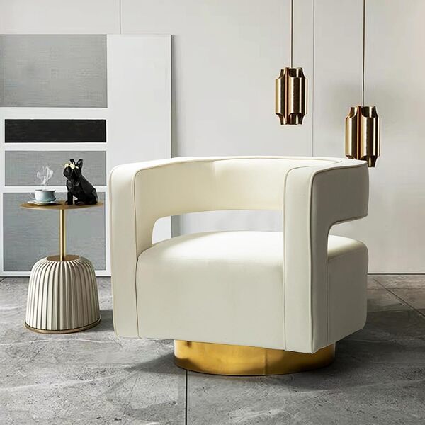 HULALA HOME Fauteuil Pivotant en Velours, Fauteuil Rond Moderne, Chaise Coiffeuse en avec Dossier Ouvert, Fauteuil Salon Incurvé en Base Pivotante en Métal Doré, pour Chambre, Salon, Blanche