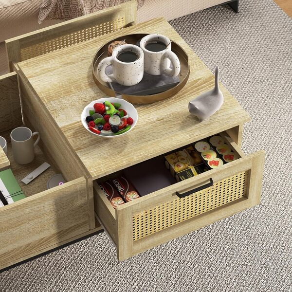 HOMCOM Table Basse avec Plateau relevable Table de Salon avec 2 Grands tiroirs Cadre en Acier 106 x 56,3 x 48 cm Naturel