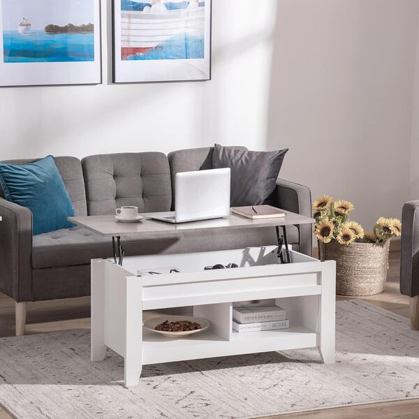 HOMCOM Table Basse Plateau relevable, Table de Salon avec étagères et Compartiment caché,105 x 50 x 49-62,5 cm pour Salon, Chambre, Bois Blanc