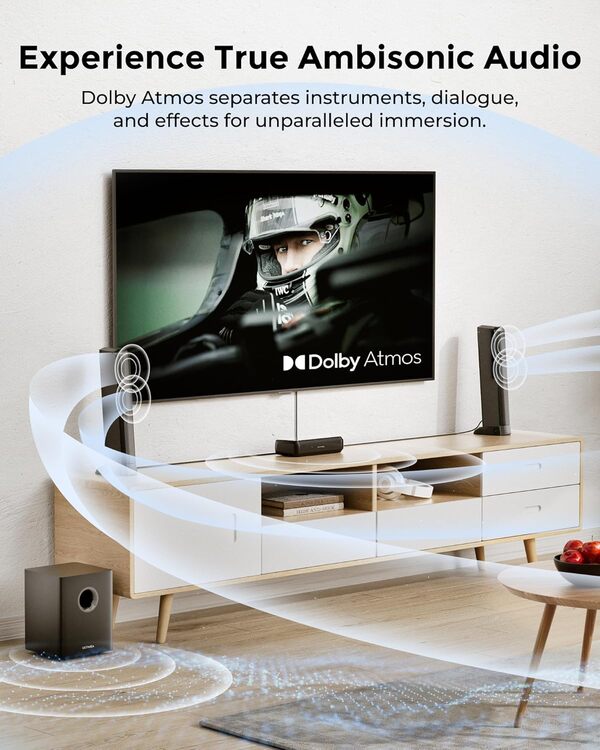 ULTIMEA 5.1ch Barre de Son avec Dolby Atmos, Barre de Son TV Système de Son Surround avec Caisson de Basses, Barre de Son PC Amovible avec RVB, Puissance de 320W, HDMI eARC/Opt/AUX/BT, Apollo S80