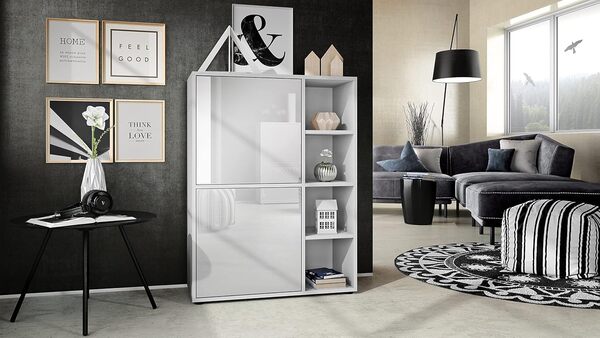 Vladon Buffet Haut Cuba avec 8 Compartiments, Caisson en Blanc Mat/Façades en Blanc laqué Haute Brillance