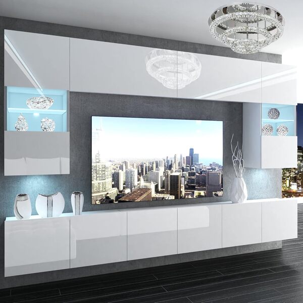 BELINI - Unité Murale TV NEX I Ensemble Muebles de Salon Complet I Ensemble Meuble TV avec Illumination LED I Dimensions: 300 x 180 x 36 cm I Coleur: Blanc très Brillant