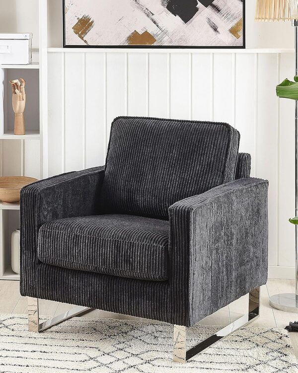 Fauteuil Tapissé en Velours Côtelé Noir avec Piétement Argent Chromé Design Meuble Idéal pour Salon au Style Rétro et Traditionnel Beliani