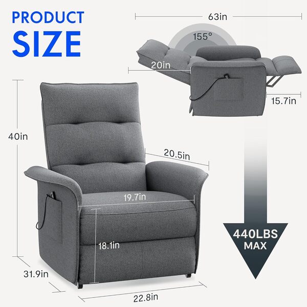 FLEXISPOT Fauteuil Relax Inclinable avec Dossier Réglable 105°-155°, Fauteuil TV Électrique pour Chambre, Salon et Home Cinéma, Gris Foncé