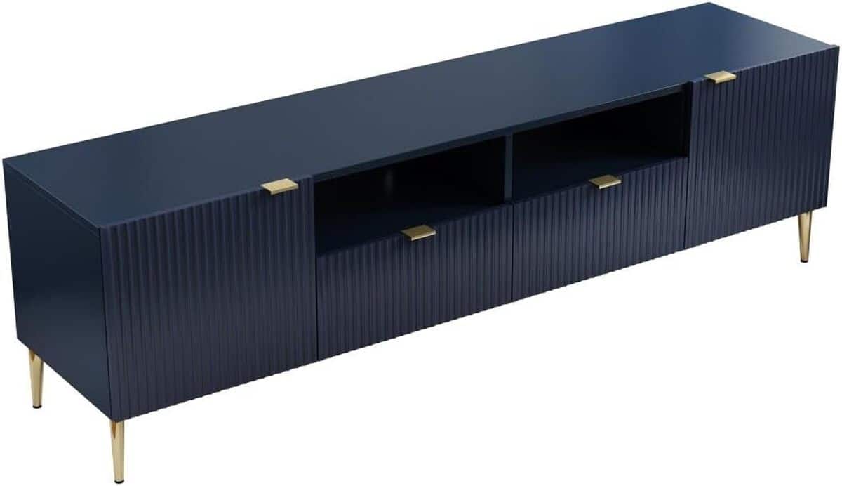 Test du meuble TV Yesinia : design bleu et doré élégant