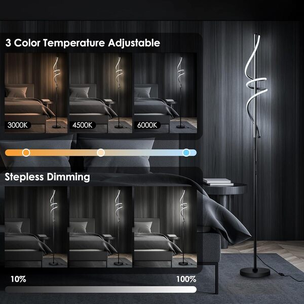 POWROL Lampadaire sur pied Salon LED Dimmable Moderne Lampe sur pied avec Contrôle Tactile & Télécommande 48W 3 Températures de Couleur Lampadaire Pour Salon Chambre Bureau Noir 175CM [Classe énergétique E]