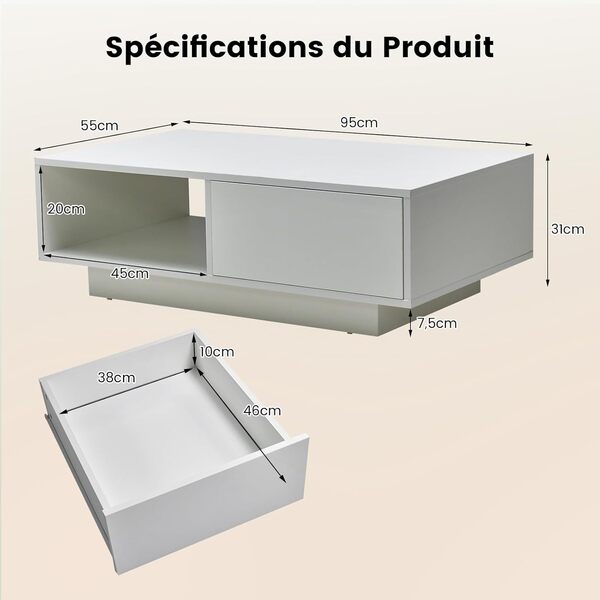 COSTWAY Table Basse Laquée LED 20 Couleurs, Blanche Avec Grand Tiroir et Compartiment, 5 Lumiosités Télécommandées, Moderne Pour Salon, Bureau, Salle, 95 x 55 x 31 cm (Blanc)
