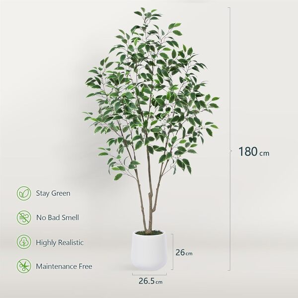 Kazeila Plante Artificielle Interieur 180cm Ficus Artificiel en Pot,Fausse Plante,Faux Arbre Interieur Décoration pour Intérieur Extérieur Maison Salon Room Bureau(1Pack)