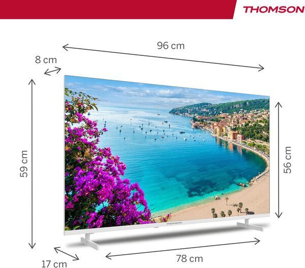 THOMSON 43 Pouces (109 cm) 4K Ultra HD Blanc Smart Android TV, Google Assistant, Wi-FI, Dolby Digital, Bluetooth, Triple-Tuner (Câble/Satellite/Antenne), HDMI, CI+, A+ Panneau – 43UA5S13W [Classe énergétique F]