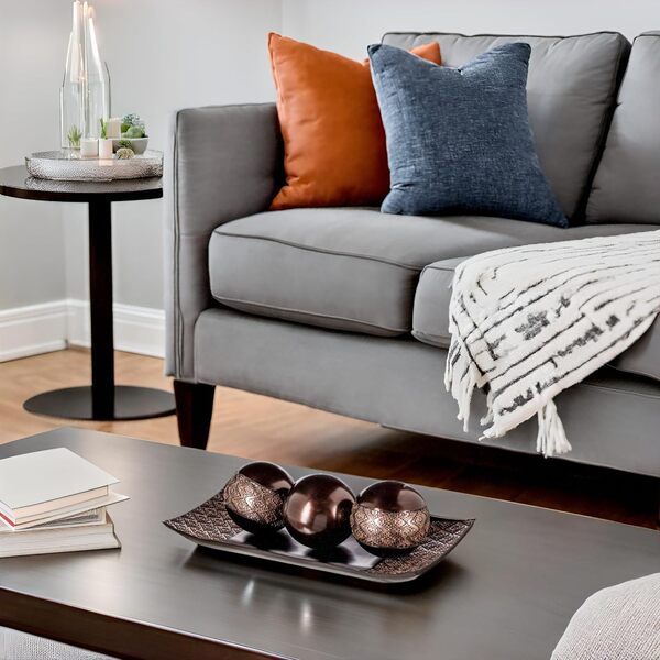 Creative Scents Dublin Ensemble plateau et orbes – Décoration de table basse – Décoration de table pour salon – Bol décoratif avec boules pour décoration de table de salle à manger (marron)