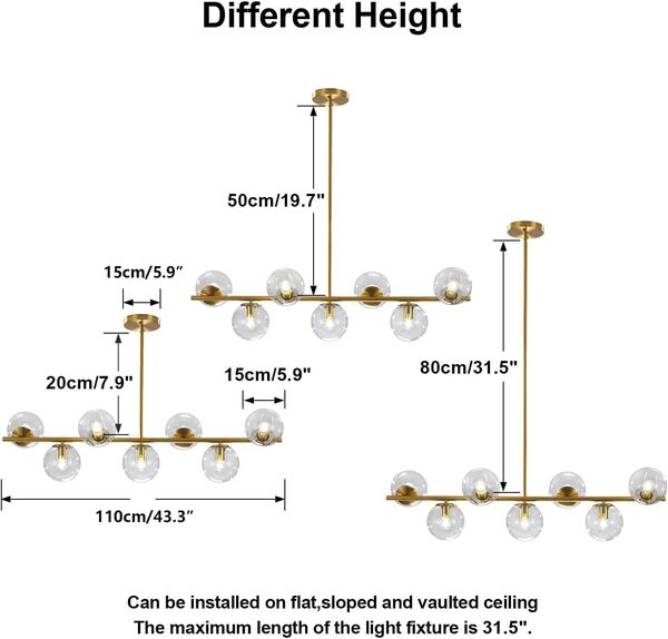 KCO Lustre de Salon Moderne Doré Avec Boules De Verre, 7 Abat-jours En Verre Transparent, Suspension Linéaire, E27, Pour îlot De Cuisine, Chambre à Coucher, Salle à Manger [Classe énergétique F]