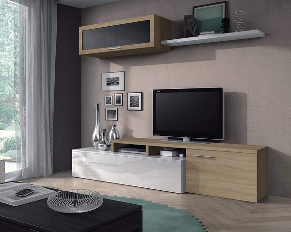 Dmora - Ensemble Mural Chino, Meuble TV, Composition de Salon réversible, Ensemble de Salon d'angle, 200x41h44 cm, Chêne et Blanc Brillant