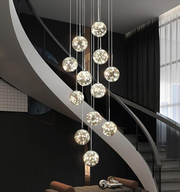 Kinbolas Moderne Escalier Suspendu Lustre,Plafonnier Lustre Verre Boule Suspension,Lampe Led,Grand Multi Ampoule Luminaire Suspendu Pour Salon,Cage Descalier,Couloir(Color:gris)