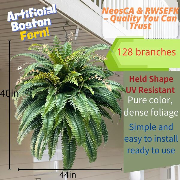 NeosCA Fougère de Boston artificielle géante - Résistante aux UV - Réaliste - Imitation soie - Grande taille pour l'extérieur - Décoration de bureau, salon, terrasse, 128 branches