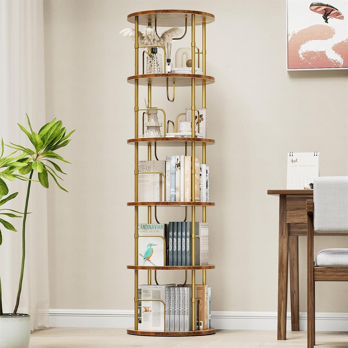 Test de la bibliothèque rotative 360° en bois, marron vintage