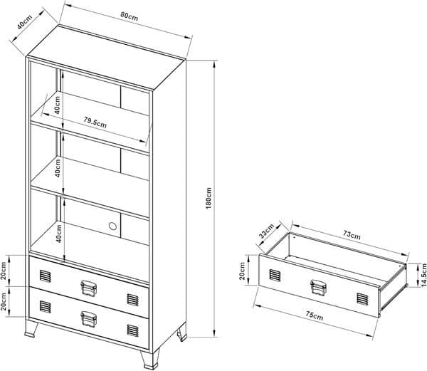 [en.casa] Bibliothèque au Style Industriel Étagère Haute avec 2 Tiroirs Meuble de Rangement Intemporel pour Salon Chambre Bureau Acier 180 x 80 x 40 cm Blanc
