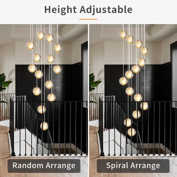 H.W.S Led Suspensions Lustre Escalier En Cristal Luminaires Eclairage D'éclairage Plafonnier Lampe Pendante De Boule G4 Réglable Hauteur Salon Lumière Grenier Hall(14 Lumières, Assiette) [Classe énergétique F]