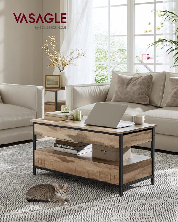 VASAGLE Table Basse, Table de Salon avec Plateau Relevable, Tiroirs de Rangement, avec Rangement Ouvert et Compartiment Caché, Marron Camel et Noir d'encre LCT209K02