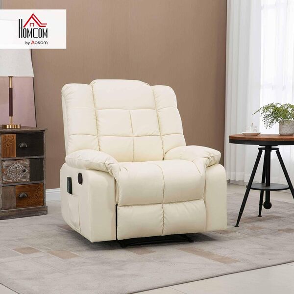 HOMCOM Fauteuil de Massage Fauteuil de Relaxation massant avec Dossier inclinable manuellement et Repose-Pied Fauteuil TV revêtement synthétique télécommande Incluse crème