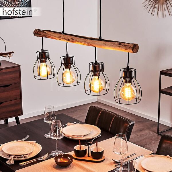 HOFSTEIN Suspension Gondo, lampe à suspendre en métal/bois en noir/marron, 4 flammes, 4 x E27, lampe à suspendre moderne, sans ampoules