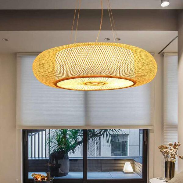 AUCF E27 Suspension Rétro Lampes Suspendues Bambou Lustre Naturel Pendentif Lumière Vintage Tressé Abat-Jour Rotin Hauteur Réglable Éclairage Salon Café Plafonnier,60cm [Classe énergétique A++]