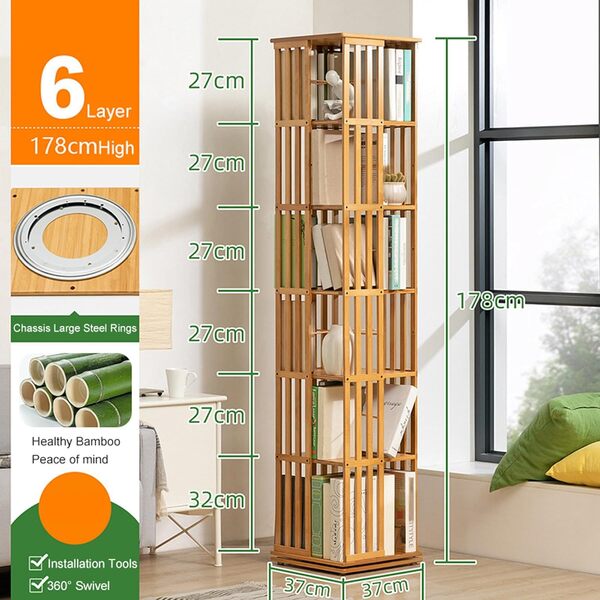 FEITJMMW Étagère À Livres Rotative À 360°, Bibliothèque D'étudiant en Bambou À 5/6 Niveaux – Bibliothèque d'angle Haute, Organisateur De Rangement, Armoire, Présentoir De Livres pour Salon