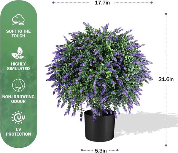 Lot de 2 arbres topiaires artificiels en forme de lavande de 55 cm, plantes artificielles d'extérieur résistantes aux UV pour extérieur, intérieur, décoration de jardin.