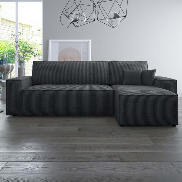INTENSE DECO Canapé d'angle Convertible réversible Lorenzo en Velours côtelé Noir