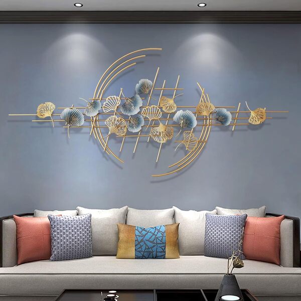 Ainydie 3D Feuille de Ginkgo Décoration Murale à la Main, Moderne Créative Sculpture Murale en Métal, Convient pour Le Salon, Couloir, Mur de la Chambre, Chambre à Coucher,150x69cm