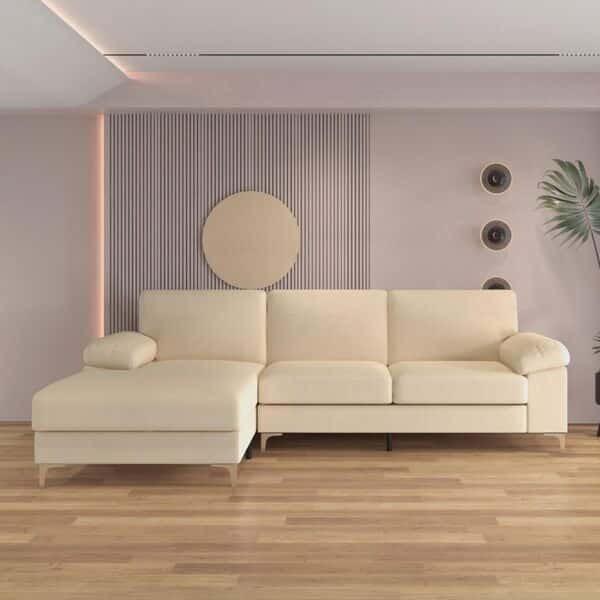 CONCEPT USINE | Canapé d'angle en Velours 4-5 Places | Design Galway Beige | Largeur 262 cm | Angle Gauche | Confort Ultra Luxueux | Structure Bois Robuste | Pieds Métal | Style Moderne et Élégant