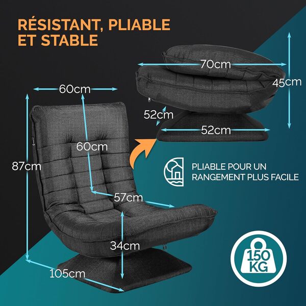 Casaria® Fauteuil Tout Confort pivotant à 360° Noir capacité de Charge de 150kg siège de Gaming 58x57x84/87cm Relaxation
