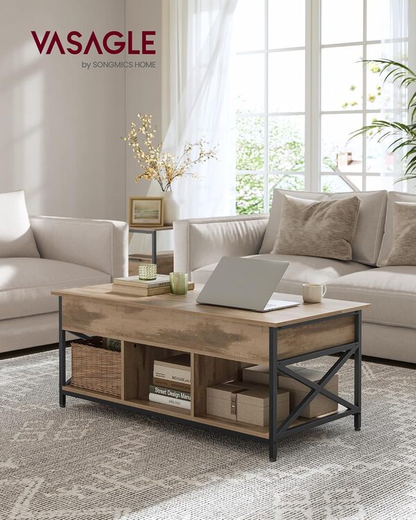 VASAGLE Table Basse, Table de Salon avec Plateau Relevable, avec Rangement Ouvert et Compartiment Caché, Barres en Forme de X, 60 x 120 x (48-62) cm, Marron Camel et Noir LCT215K50