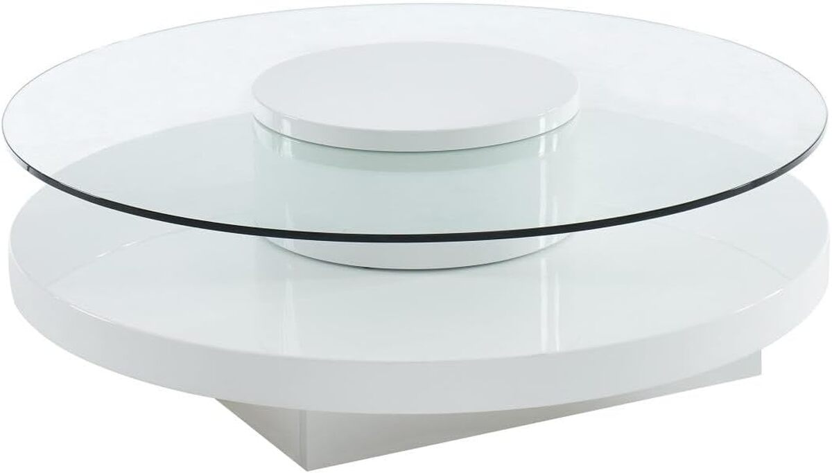 Test : table basse RYHALI, plateau pivotant en verre trempé et MDF blanc de Vente-unique